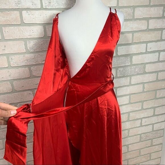 Vtg Handmade Red Satin Wrap Evening Dress Q25 - Picture 6 of 8